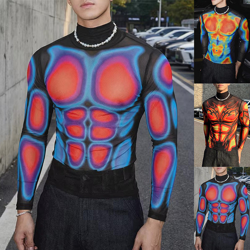 Herren Transparentes Mesh-Langarmshirt mit 3D-Muskeldruck Drune