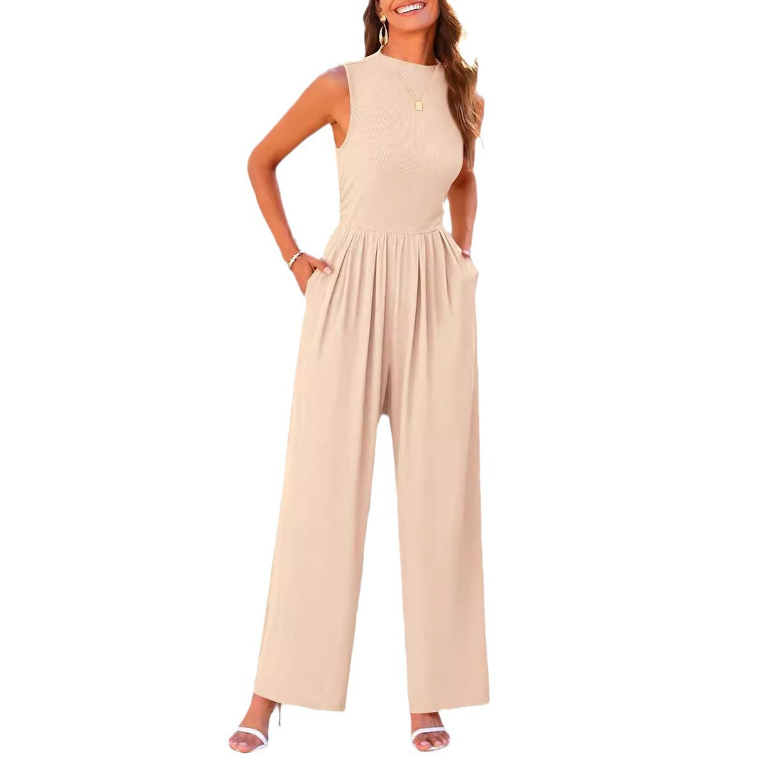 Damen Ärmelloser Palazzohose-Jumpsuit mit taillierter Rippenoberseite und weiten Plissé-Bein Drune