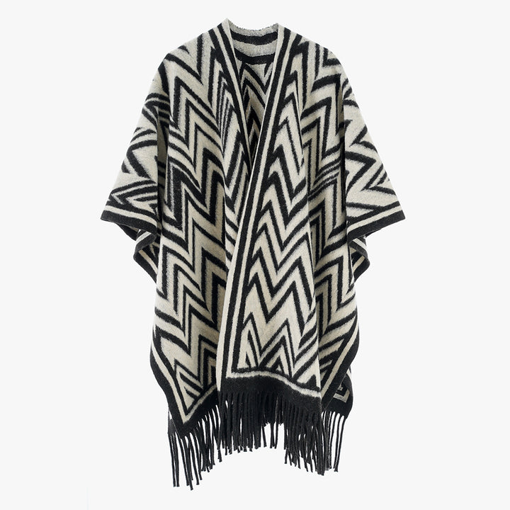 Damen Großer Fransenponcho im Oversize‑Cape mit geometrischem Zickzack‑Jacquard Drune