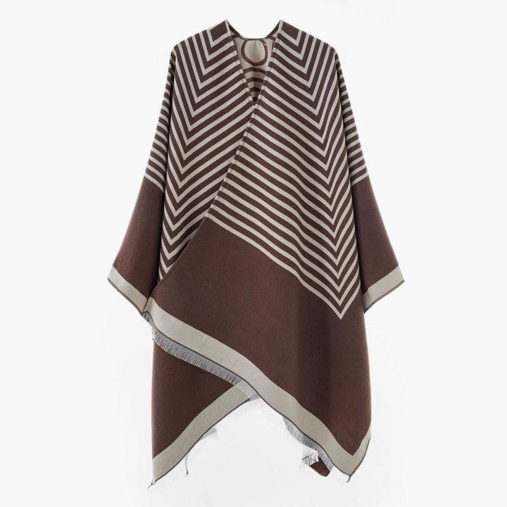 Damen Oversize-Poncho aus Wollmix im Chevron-Jacquard mit offenem V-Ausschnitt Drune