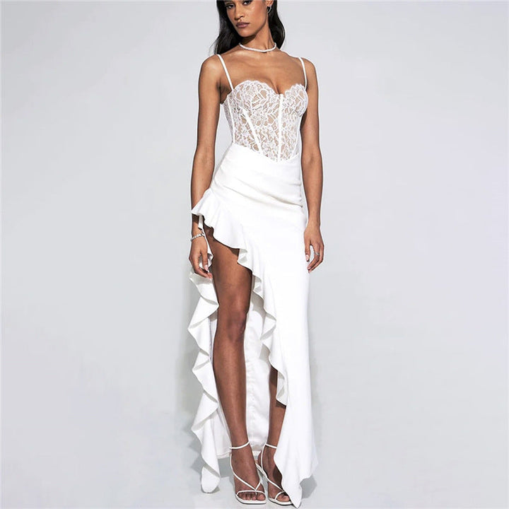 Damen Brautkleid mit Spitzenoberteil und asymmetrischen Rüschen Drune