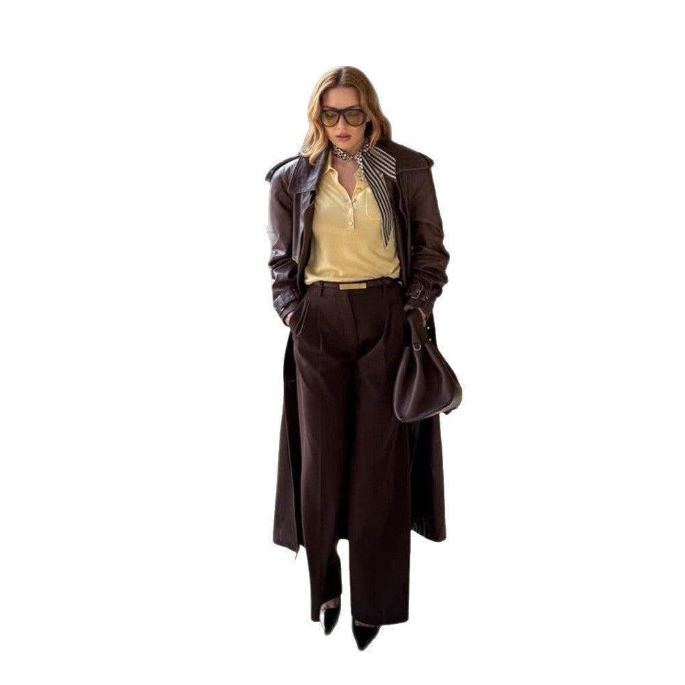 Damen Langer Trenchcoat aus Lederimitat mit Oversize-Schultern und taillierter Silhouette Drune