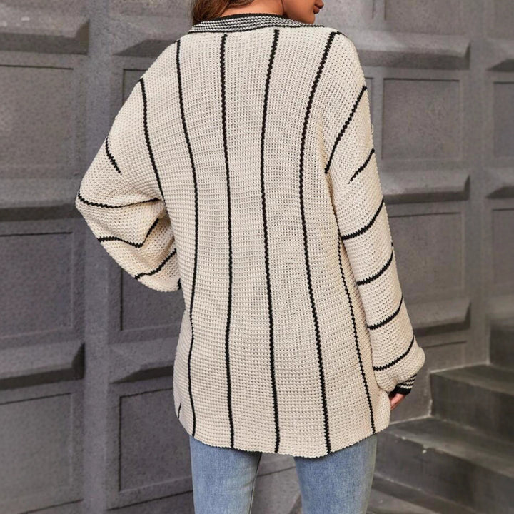 Damen Oversized V-Ausschnitt Pullover mit Streifenmuster Drune
