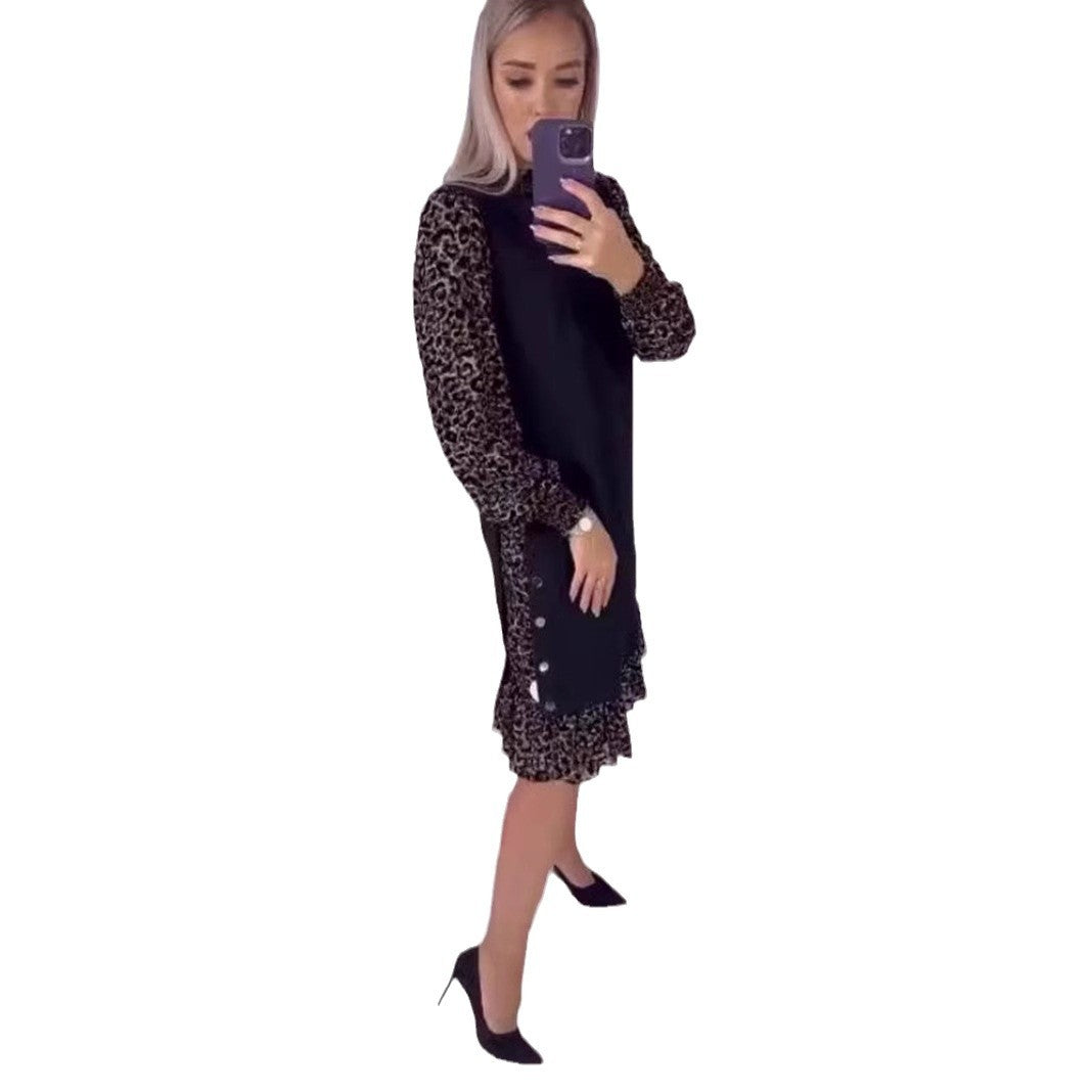 Damen nan zweilagiges Chiffon-Midikleid mit transparenten Tierprint-Ärmeln, Rüschen-Saum und seitlicher Knopfleiste Drune