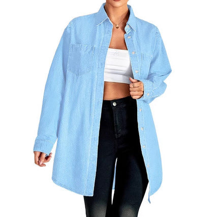Damen Oversized Denim Hemdjacke mit aufgesetzten Taschen und lässiger Longline-Passform Drune