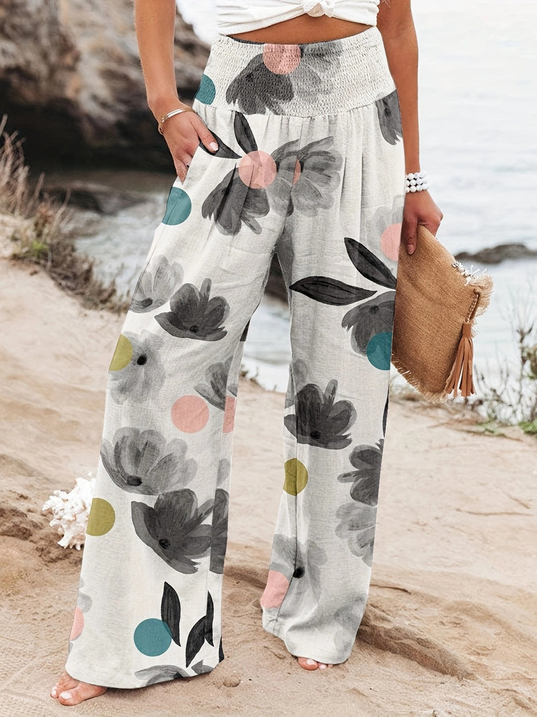Damen Palazzo-Hosen mit floralem Druck und elastischem Bauchbund Drune