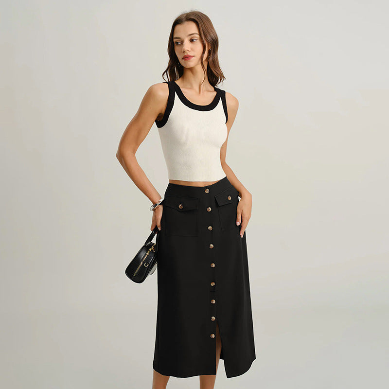 Damen Hochtaillierter Midirock mit durchgehender Knopfleiste, Pattentaschen und Frontschlitz Drune