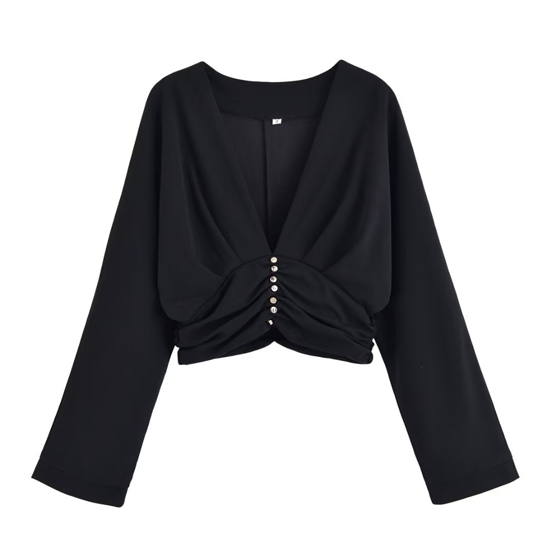 Damen legeres Blusenshirt mit Raffung und tiefem V-Ausschnitt Drune