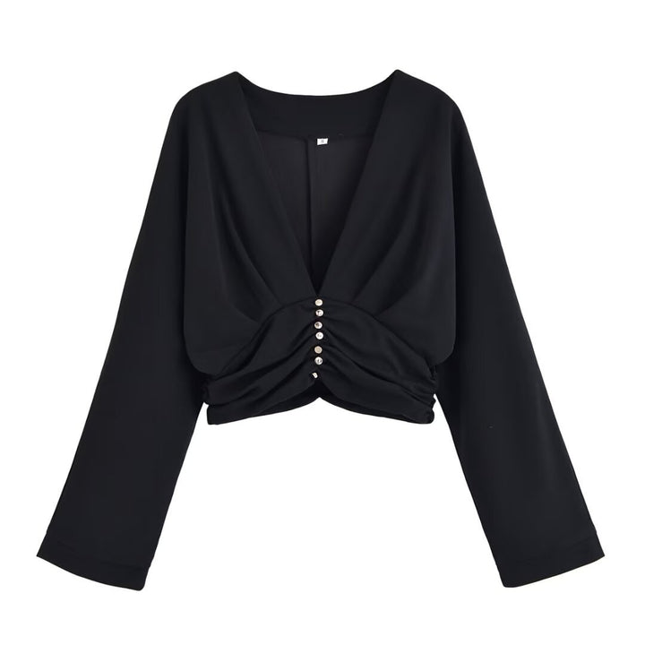 Damen legeres Blusenshirt mit Raffung und tiefem V-Ausschnitt Drune