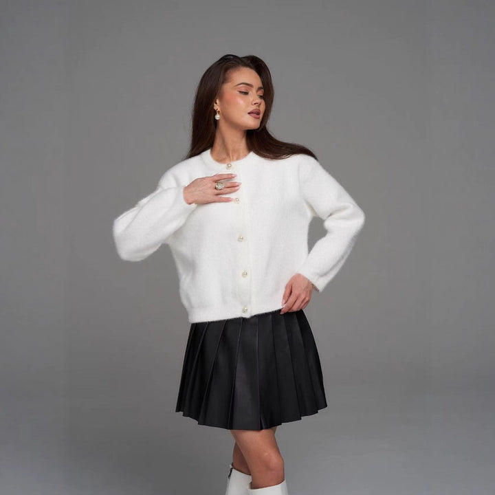Damen Elegante Flauschige Strickjacke mit Perlenknöpfen Drune