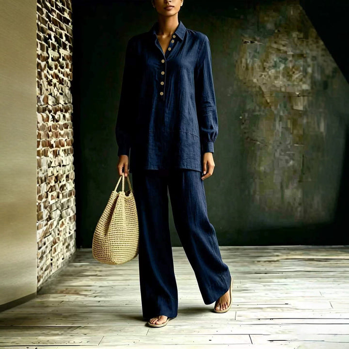 Damen Tunika-Hose Set aus Leinenoptik mit Hemdkragen und weitem Schnitt Drune