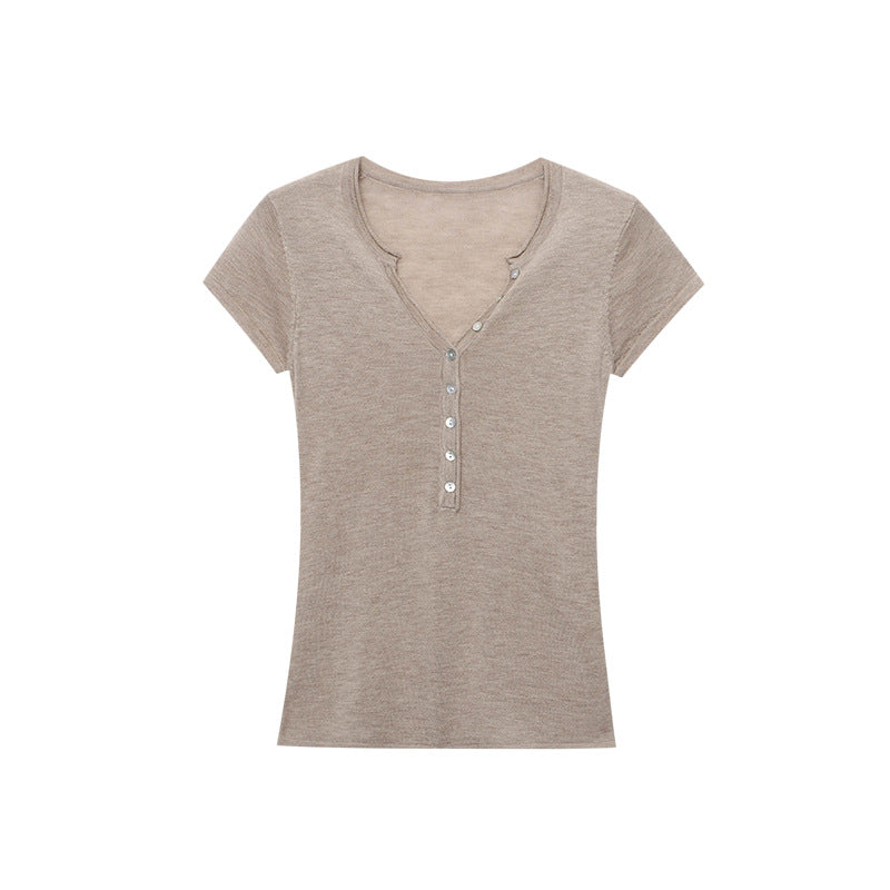 Damen figurbetontes Kurzarm-Henley-Shirt mit Knopfleiste Drune