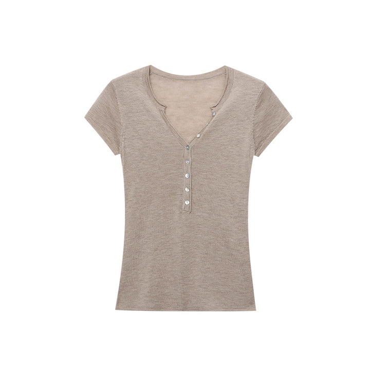 Damen figurbetontes Kurzarm-Henley-Shirt mit Knopfleiste Drune