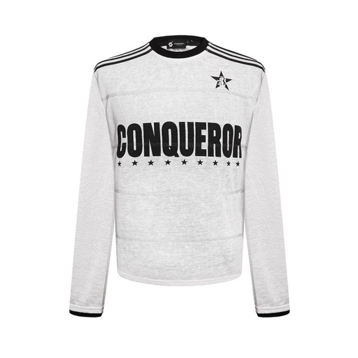 Damen Langarmshirt mit Statement-Print, Sportstreifen und strukturierter Slub-Optik Drune
