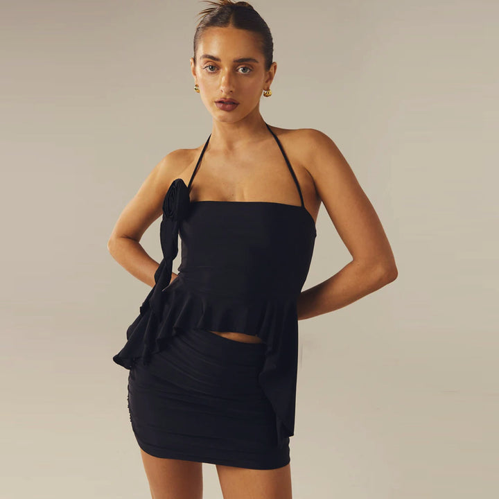 Damen Charmantes Top mit asymmetrischem Schnitt und Blumenakzent Drune