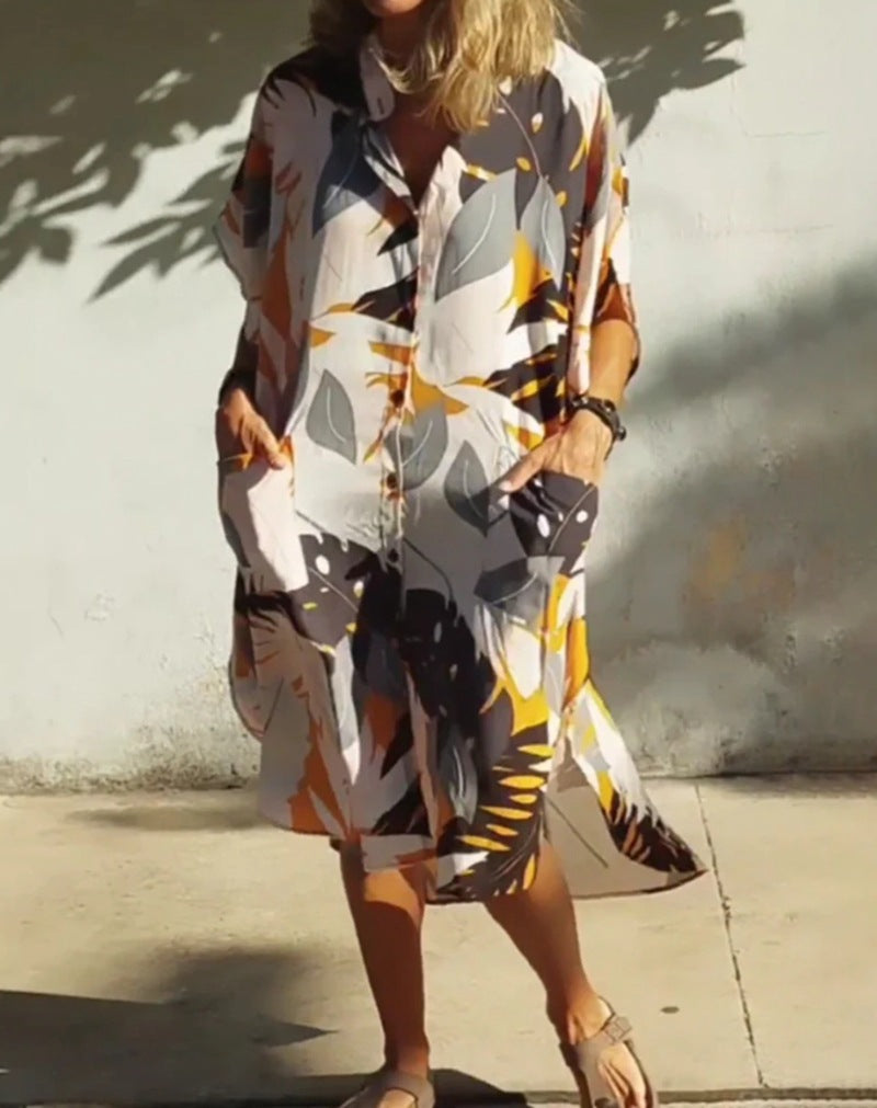 Damen nan luftig-leichtes Kaftan-Hemdkleid mit überschnittener Schulter, verdeckter Knopfleiste und seitlichen Eingrifftaschen Drune