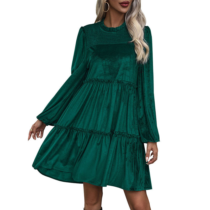 Damen Samtkleid mit Stufenrock, Raffung und Stehkragen Drune