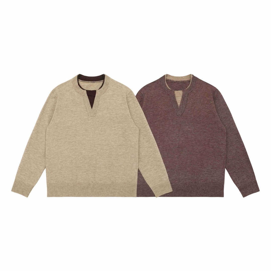 Unisex Grobgestrickter Pullover mit V-Notch Ausschnitt und kontrastierter Innenblende Drune