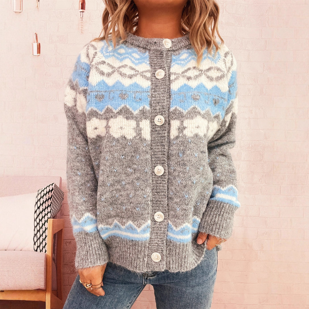 Damen gemütliche Strickjacke mit blauen Mustern und Knopfverschluss Drune