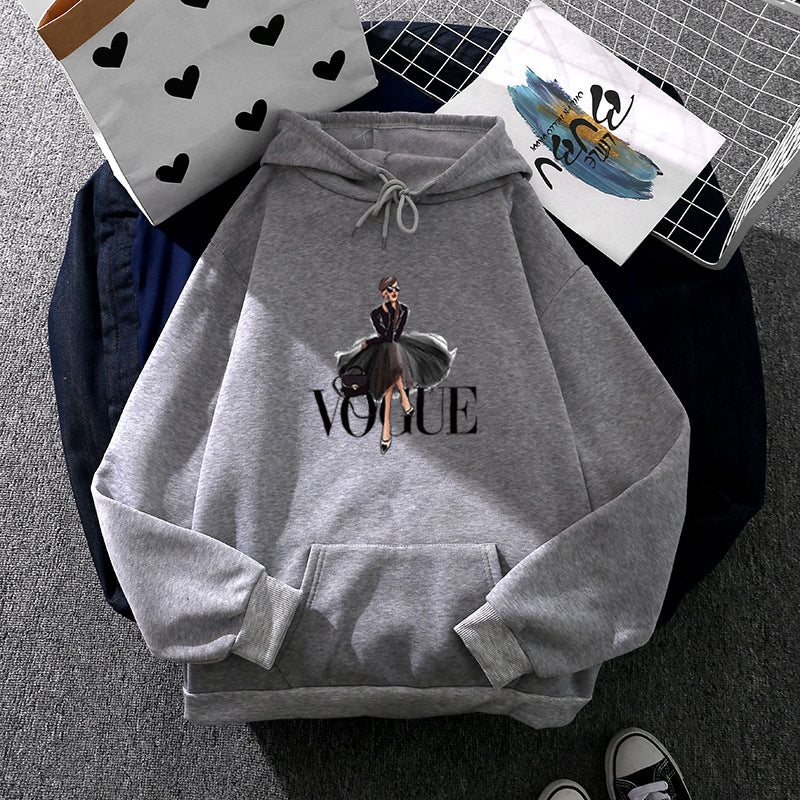 Damen nan modischer Kapuzenpullover mit Fashion-Illustration, geräumiger Eingrifftasche und kuscheligem Fleece Drune
