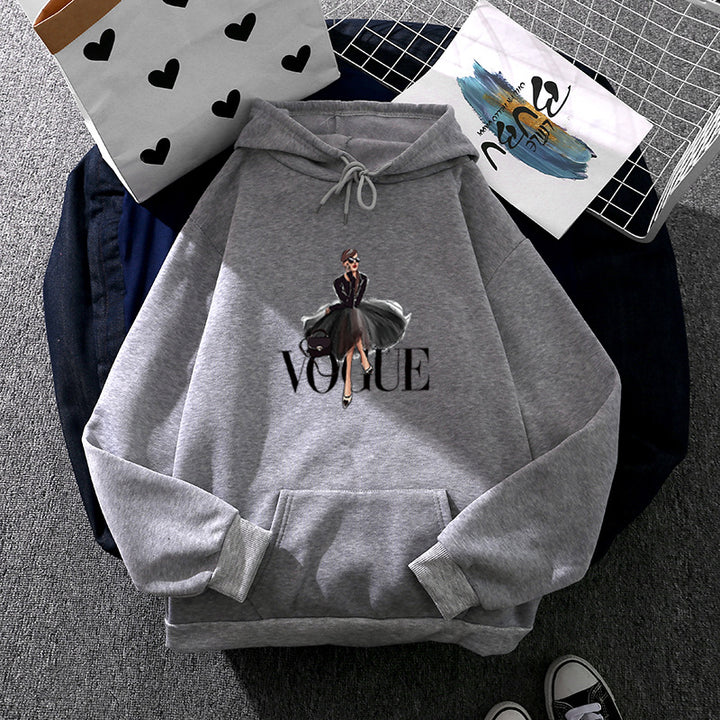 Damen nan modischer Kapuzenpullover mit Fashion-Illustration, geräumiger Eingrifftasche und kuscheligem Fleece Drune