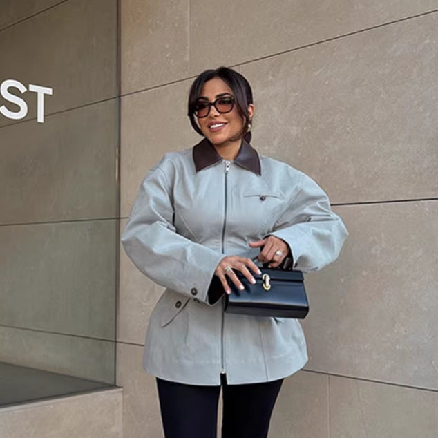 Damen Oversize-Jacke aus Lederoptik mit kontrastierendem Hemdkragen und Reißverschluss Drune
