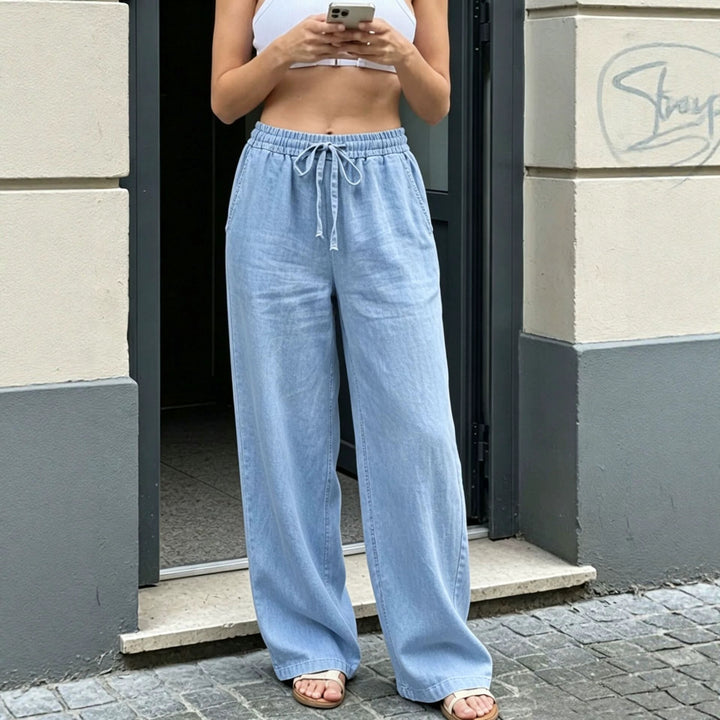 Damen Weite Leinenoptik-Hose mit Gummibund, Tunnelzug und Seitentaschen Drune