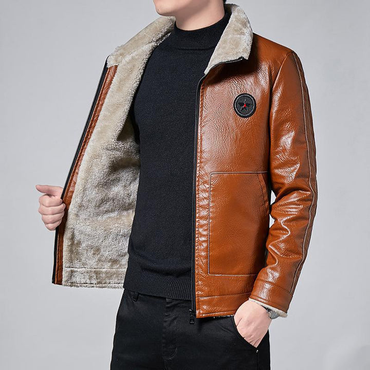 Herren Kunstleder-Fliegerblouson mit durchgehendem Sherpa-Futter und hohem Stehkragen Drune