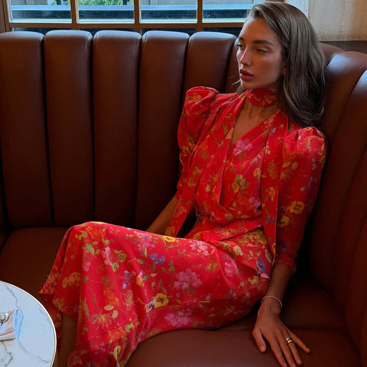 Damen Wickel-Maxikleid mit floralem Print, Puffärmeln und Schalkragen Drune