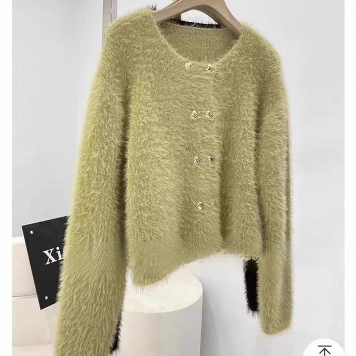 Damen Fluffy Cardigan mit Herzknöpfen Drune