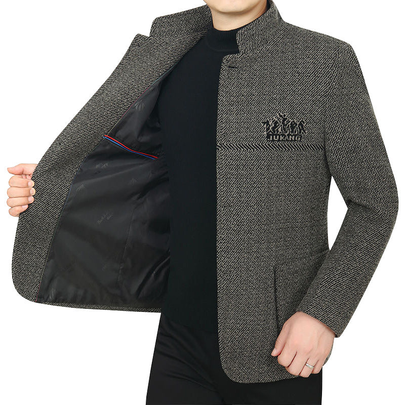 Herren Stehkragen-Mantel aus strukturierter Wollmischung mit schmaler Silhouette Drune