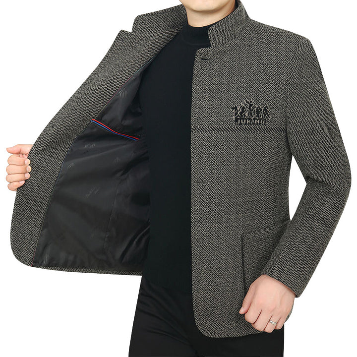Herren Stehkragen-Mantel aus strukturierter Wollmischung mit schmaler Silhouette Drune