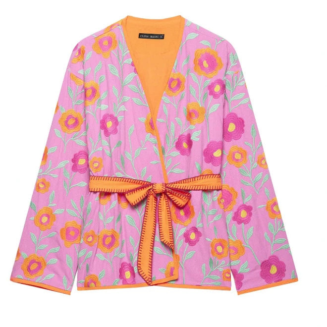Damen Bestickte Kimonojacke mit Blumenstickerei, Bindegürtel und kontrastierendem Besatz Drune
