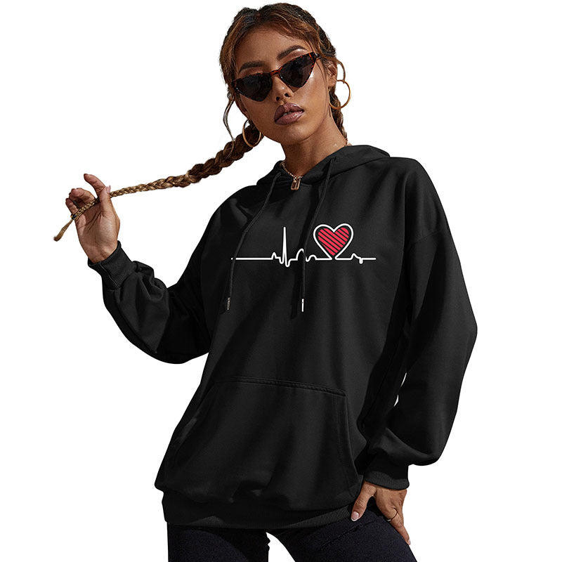 Damen Oversize-Kapuzenpullover mit Herz-EKG‑Print und Kängurutasche Drune
