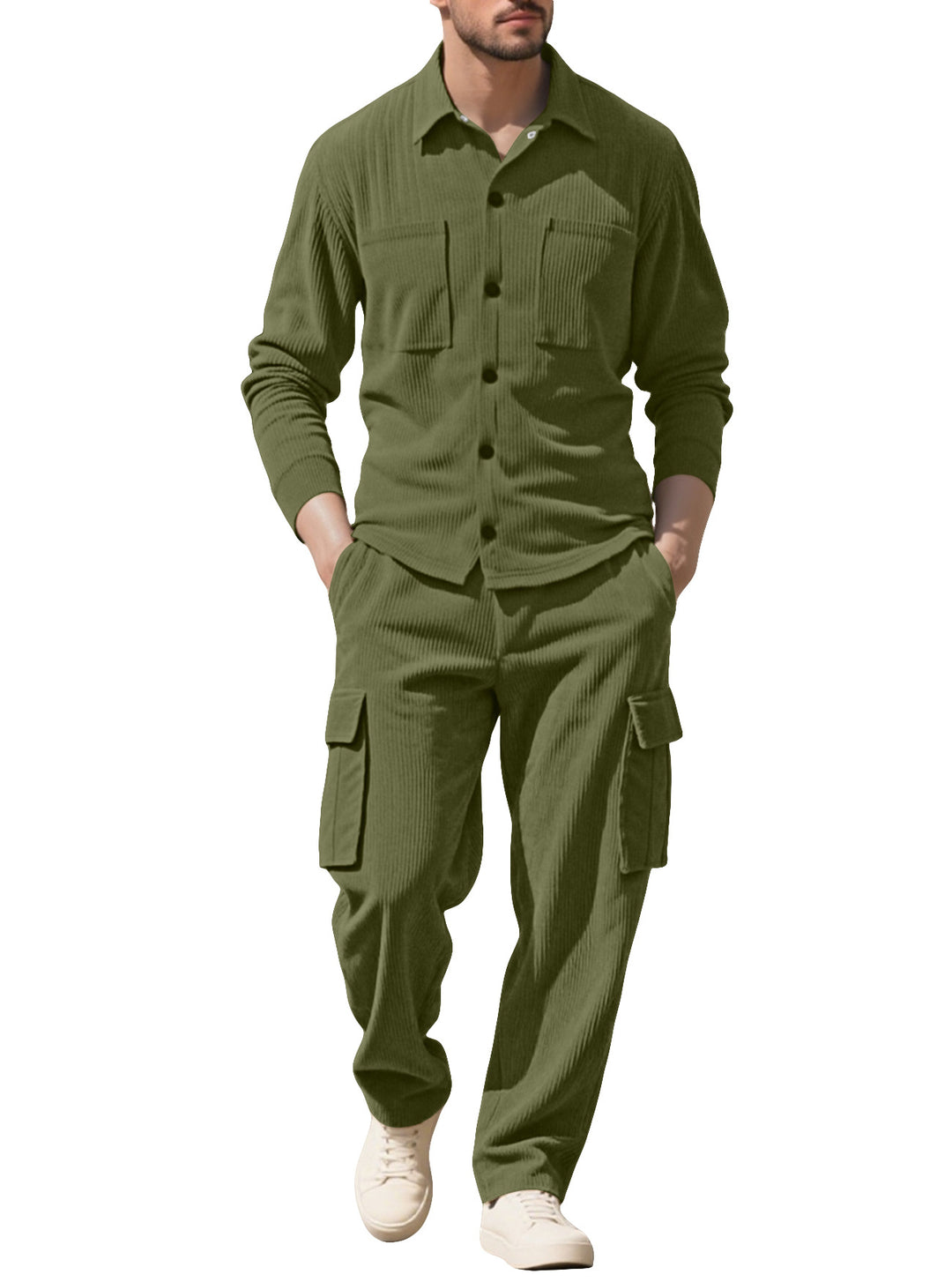 Herren nan geripptes Worker-Hemd mit Brusttaschen und entspannter Cargohose Drune
