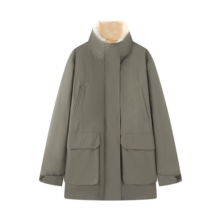 Damen nan oversized Parka mit hohem Teddygefüttertem Stehkragen, verdeckter Frontleiste und großen Klappentaschen Drune