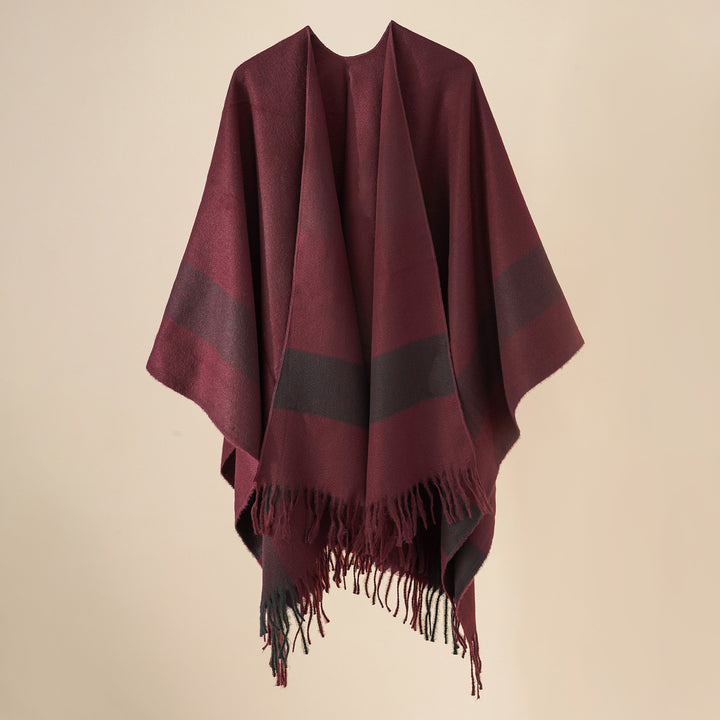 Damen Wollmix-Poncho mit Karomuster und Fransen Drune
