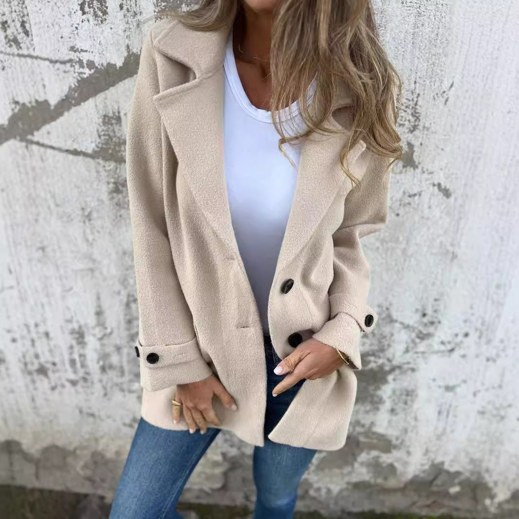 Damen warmer strukturiertes Fleece-Mantel mit doppelter Knopfreihe Drune
