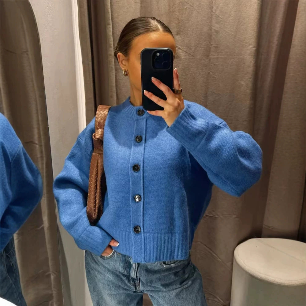 Damen Kurze Boxy-Strickjacke mit großer Knopfleiste, geripptem Saum & Volumenärmeln Drune