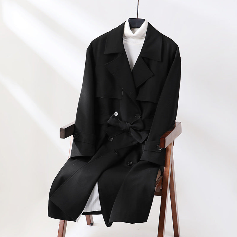 Damen Langer taillierter Trenchcoat mit weitem Schalkragen und Bindegürtel Drune