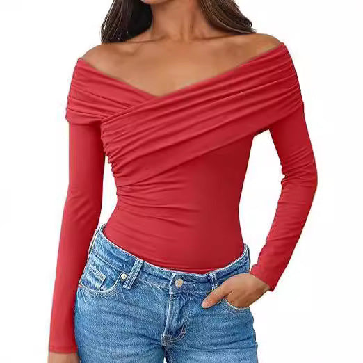Damen Off-Shoulder Langarm-Top mit Wickeloptik und figurbetontem Stretch-Jersey Drune