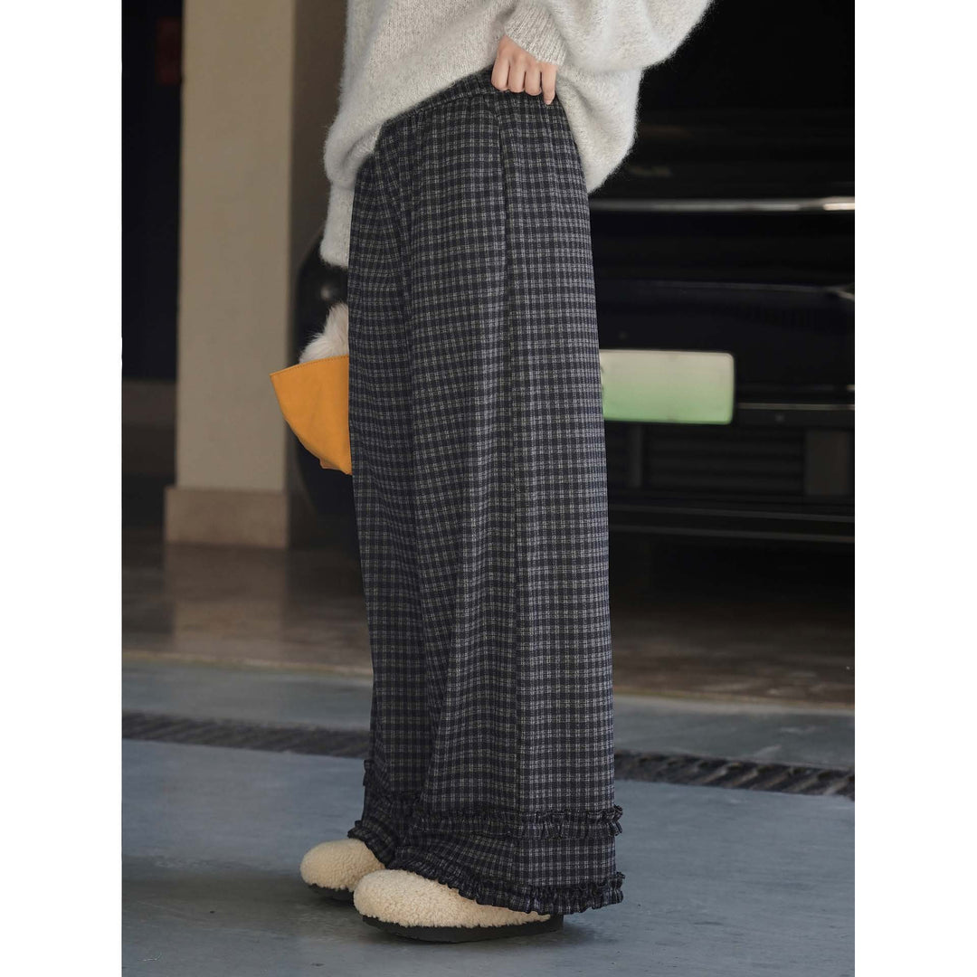 Damen Weite High‑Waist Culotte‑Hose im Karomuster mit elastischem Bund und Volantsaum Drune