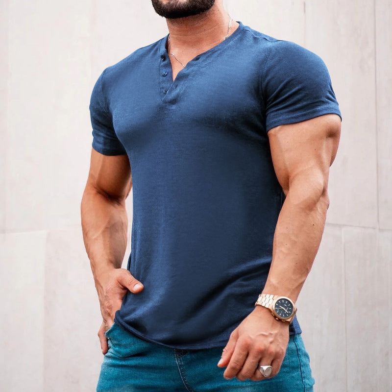 Herren nan muskelbetontes Kurzarmshirt mit Knopfleiste und V-Ausschnitt aus Baumwollstretch Drune