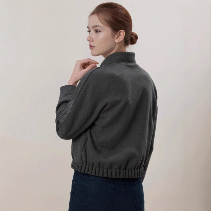 Damen nan kuschelige Fleece-Bomberjacke mit Stehkragen Rippbund und Druckknopfleiste Drune