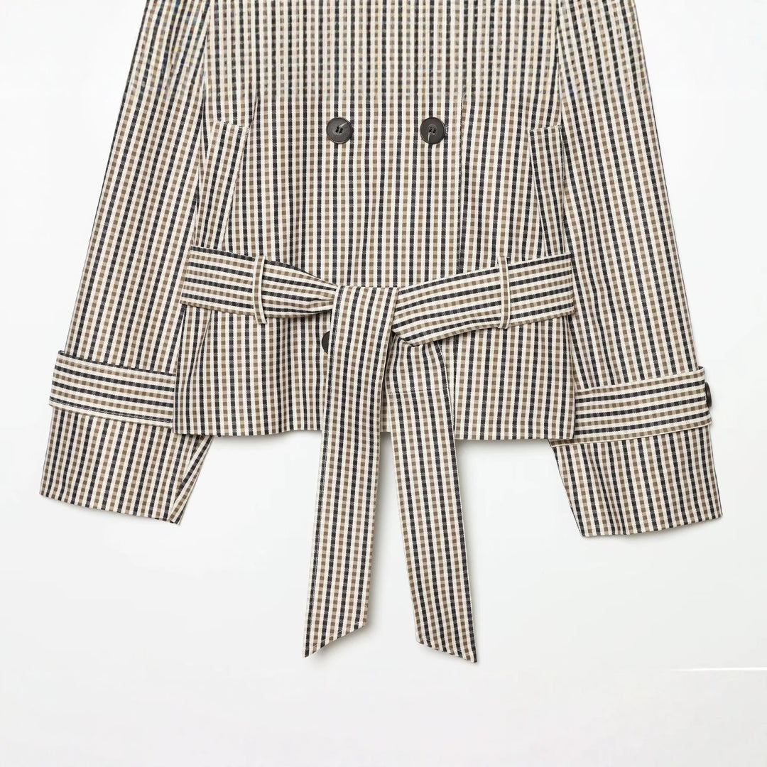 Damen Kurze taillierte Doppelreihige Trenchjacke mit Karo‑Muster und Bindegürtel Drune