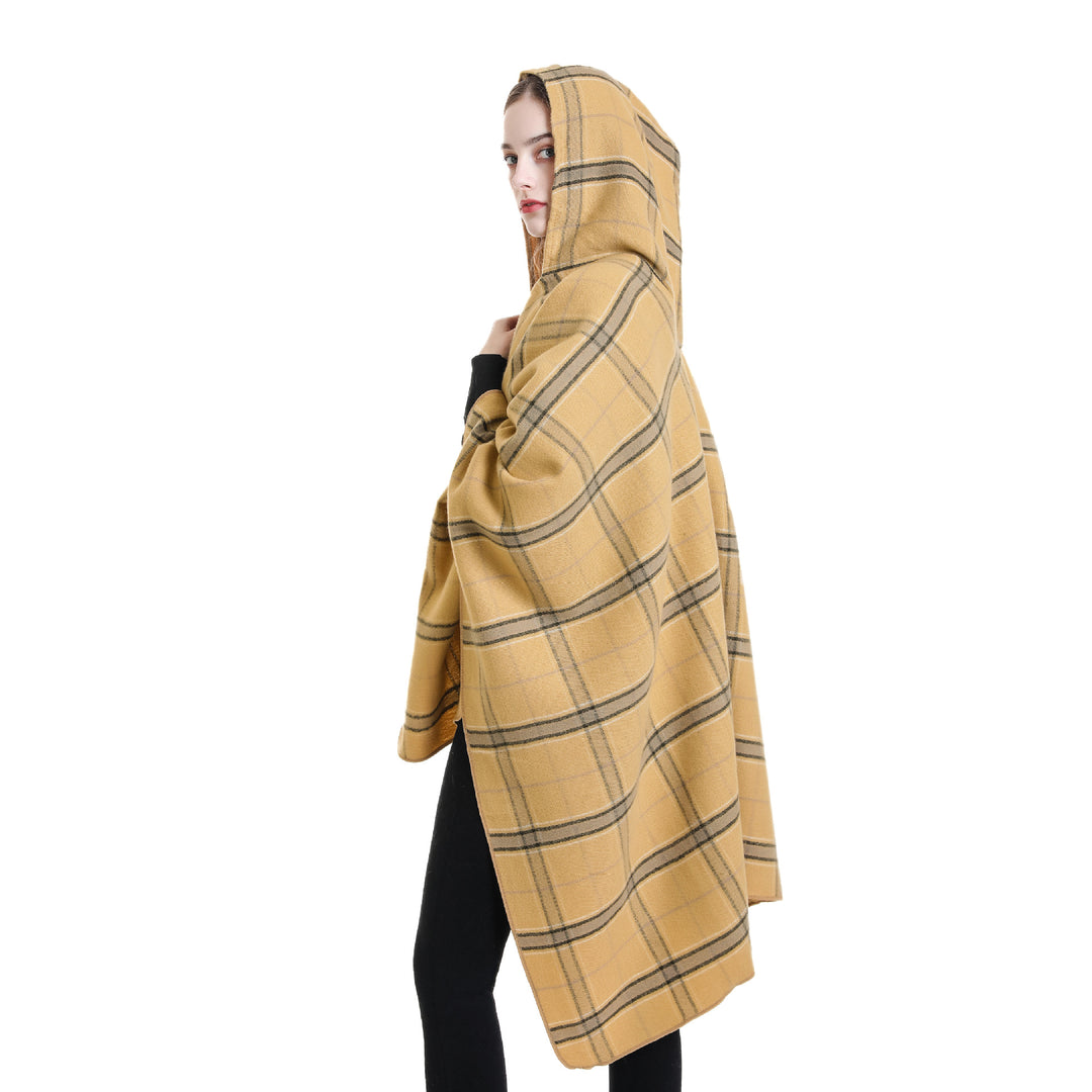 Damen Kapuzen-Poncho mit Karomuster, weichfallender Wollmix und offenem Oversize-Fall Drune