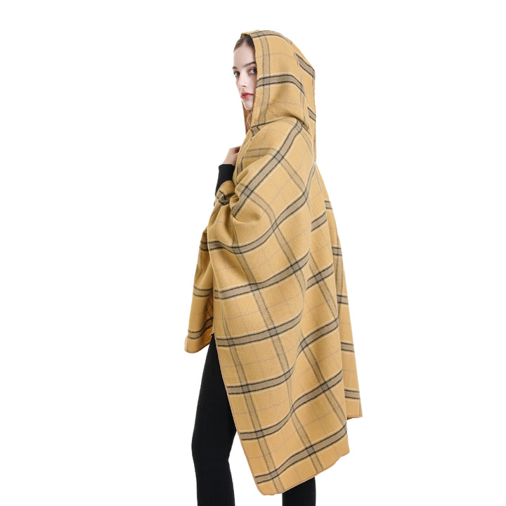Damen Kapuzen-Poncho mit Karomuster, weichfallender Wollmix und offenem Oversize-Fall Drune