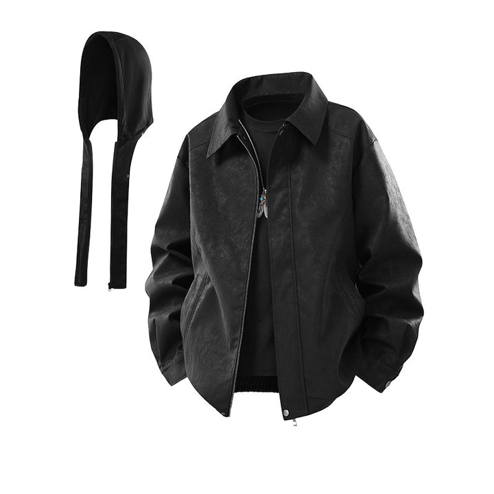 Herren Kunstleder-Blouson mit abnehmbarer Kapuze, verdecktem Reißverschluss und elastischem Saum Drune
