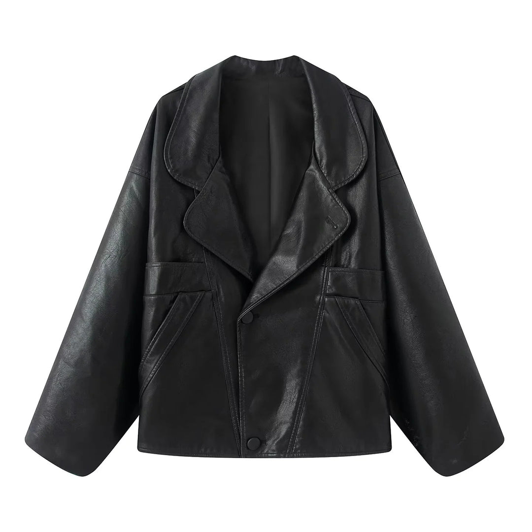 Damen nan kastiger Lederimitat-Blouson mit überlappendem Schalkragen und diagonal eingesetzten Taschen Drune