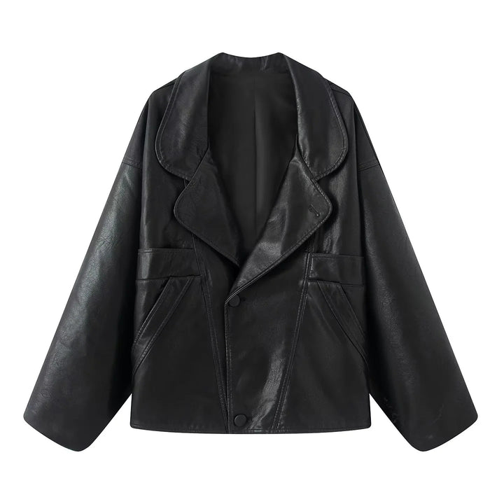 Damen nan kastiger Lederimitat-Blouson mit überlappendem Schalkragen und diagonal eingesetzten Taschen Drune